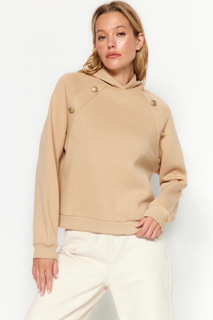 Women's Fashion Sweatshirt Hooded Long Emerald Green Regular Fit Embroidered Hooded Knitted Sweatshirt with Fleece Inside