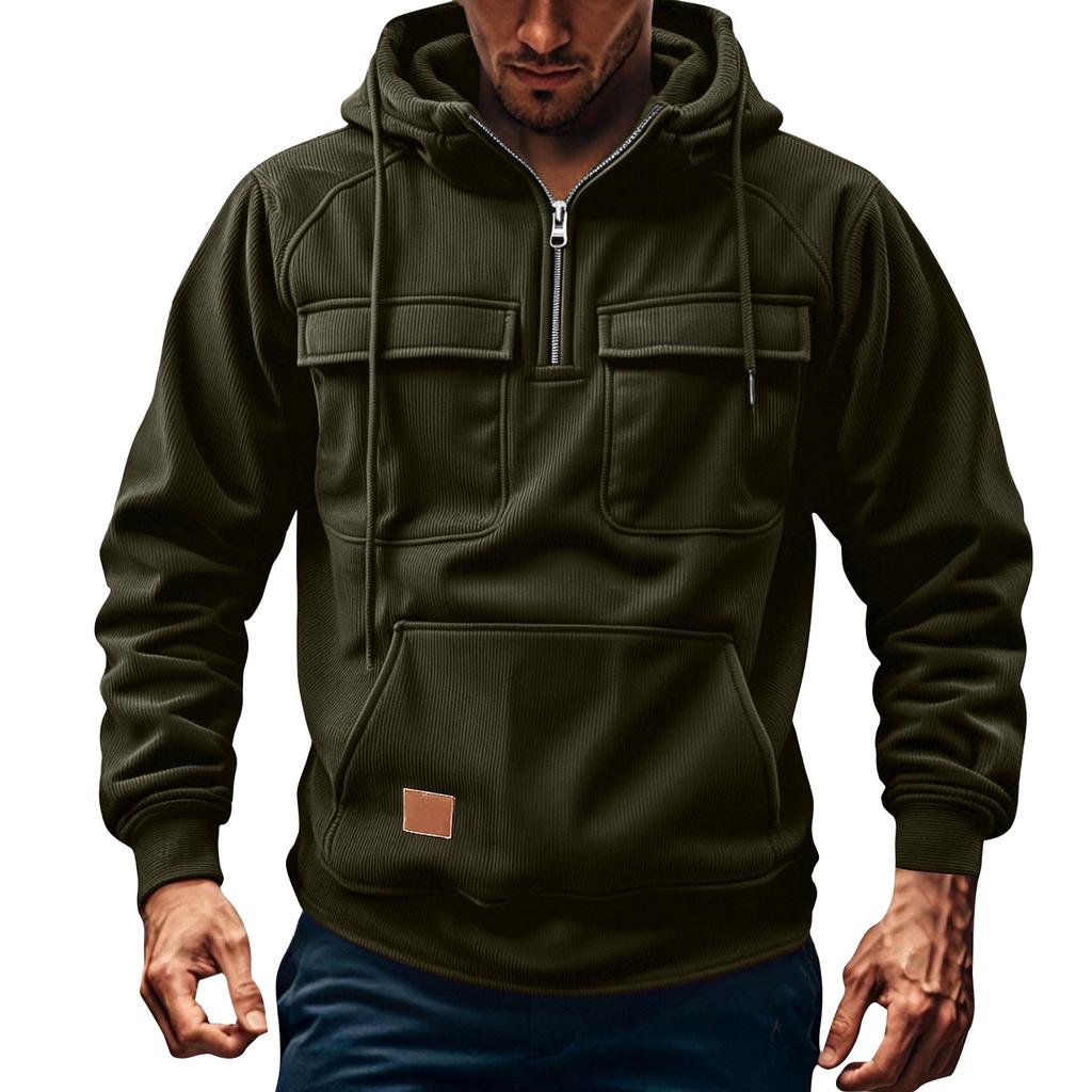 Men's Solid Color Fleece Half Zip Pocket Sweatshirt Hoodie Men's Sports Large Size Casual Sweatshirt