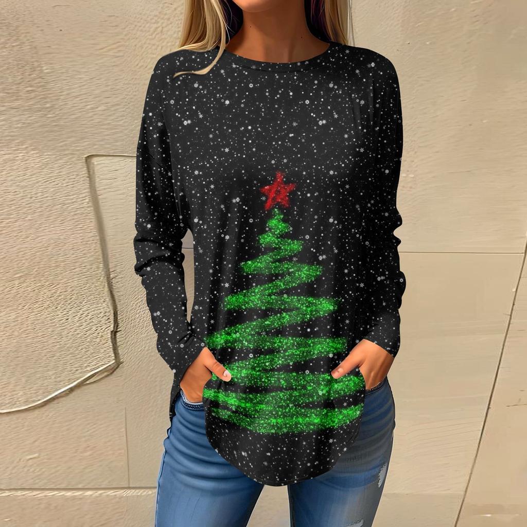 Tee Shirts For Women Fall Casual Long Sleeve Shirts Sweatshirt Vintage Graphic Printing Top Pullover Christmas