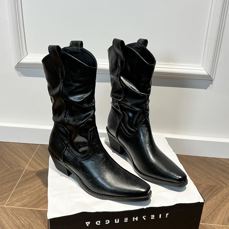 ~ Cm Heightening Pile Boots Women's Autumn Buckle Slim Maillard Thick Heel Mid Tube Martin Boots