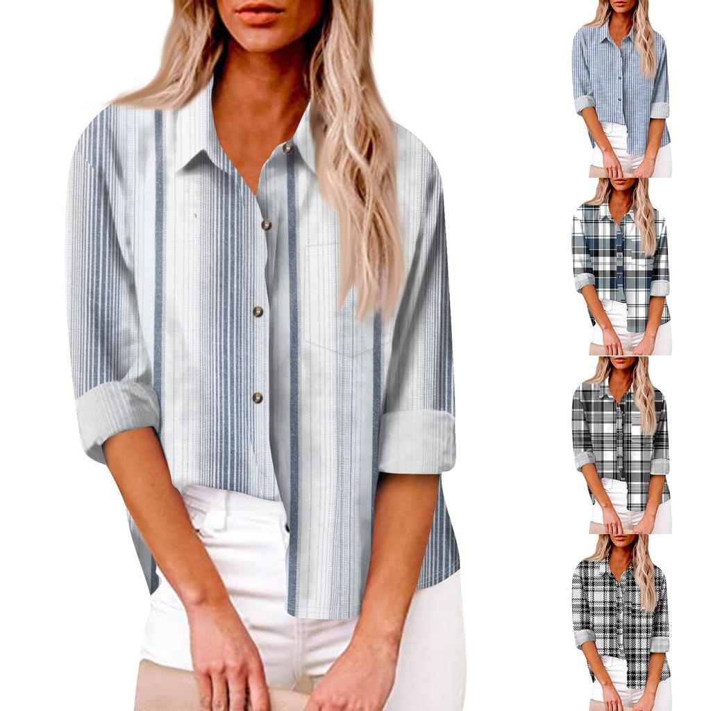 Women's Loose Casual Long-sleeved Lapel Button-down Shirt With Striped Plaid Print And Pocket Cardigan