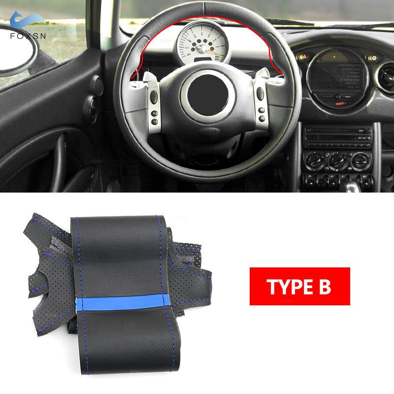 For Mini Coupe 2001-2006 Convertible 2004-2008 For Mini R50 R53 R60 Car Steering Wheel Cover Trim Black Leather with Blue