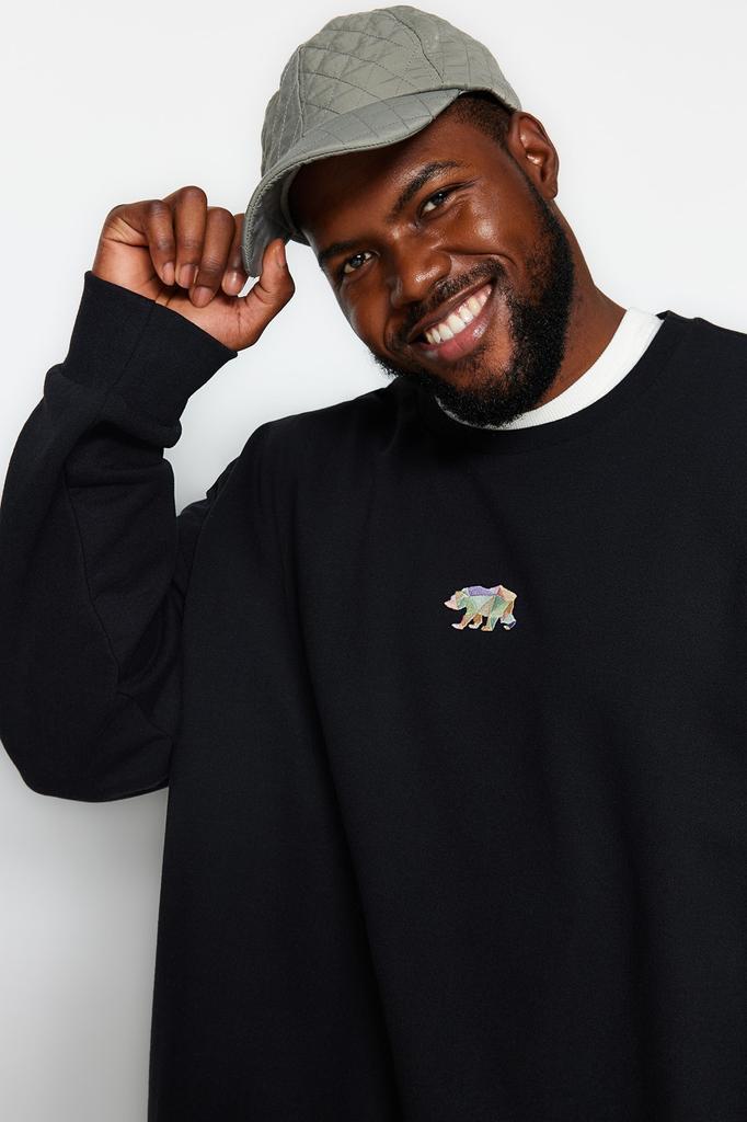 Men's Fashion New Plus Big Size Sweatshirt Black Big Size Oversize Wide Cut Embroidered Cotton Sweatshirt with Fleece Inside