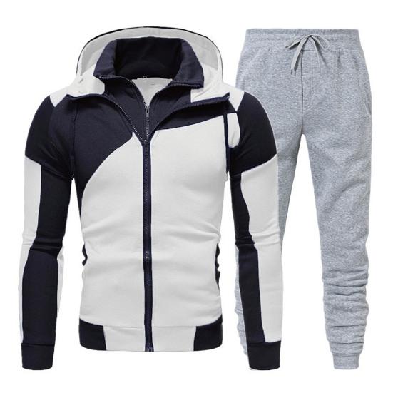 Men Autumn Winter Hoodie Pants Suit Fashion Hooded Splicing Zipper Coat with Elastic Waist Drawstring Pants Set