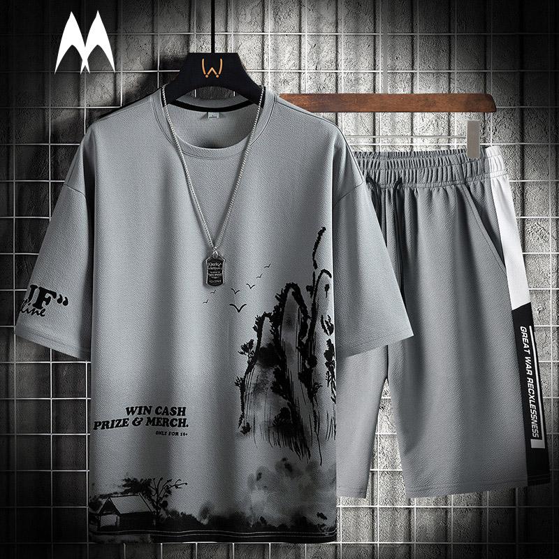 Summer Two Piece Set Men Harajuku Printed Tracksuit Short Sleeve Shorts Sets Mens O-Neck Breathable Casual Sportswear Clothing