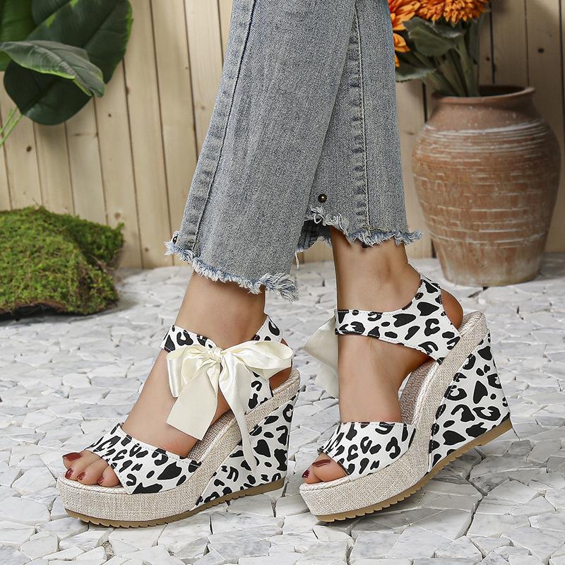 Fashion Sandals, Summer 2024, Platform Muffins, Soft Soles, Roman Leopard Print, High Heels, Large Women's Shoes