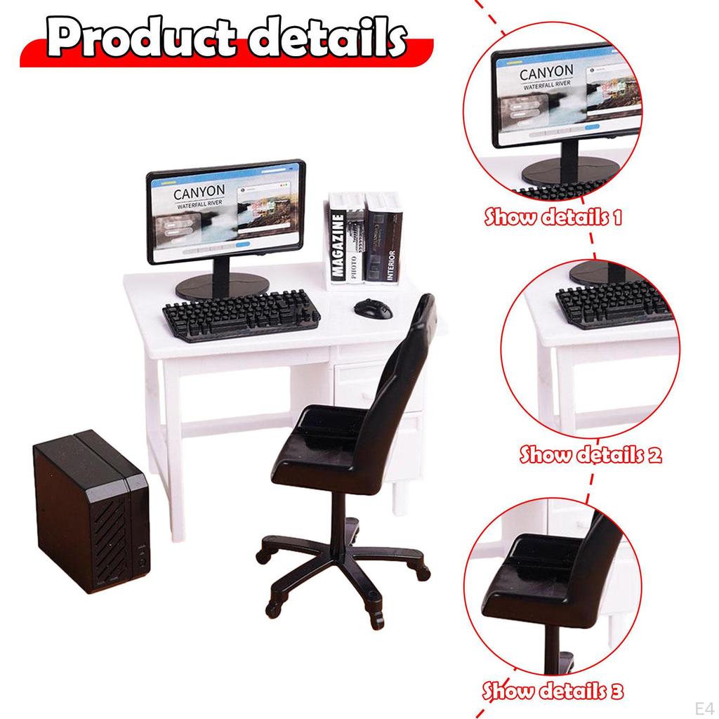 1/12 Computer Desk and Chair Miniature Gaming Table with Keyboard Model for Decoration