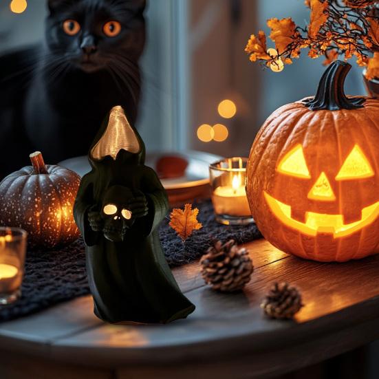 Ghost Skull with LED Tea Lights Halloween 3D Printed Skeleton Ghost Lamp Battery Operated Flickering Flameless Night Light for Home Table Decor