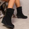 Lucyever Faux Suede Wedge Boots for Women 2024 Retro Pleated High Heels Ankle Booties Mujer Plus Size Slip On Autumn Boots Woman