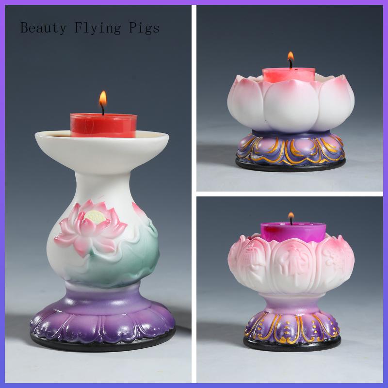 Chinese Creative Ceramic Relief Lotus Candlestick, Home Offering Butter Lamp for Buddha Lamp Base Feng Shui Buddhism