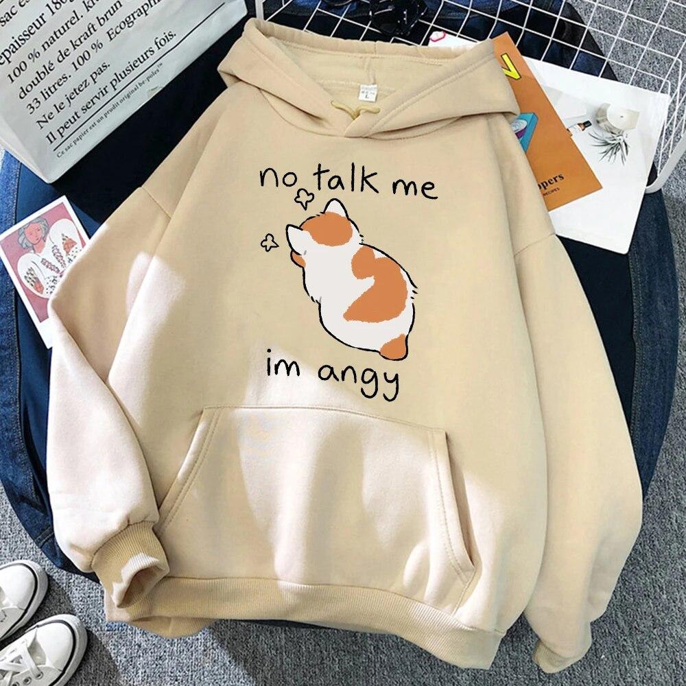 Fun No Talk Me Cute Angry Cat Print Men/Women Cotton Hoodie Casual Oversized Pullover Popular Sweatshirt Fashion Unisex Clothing