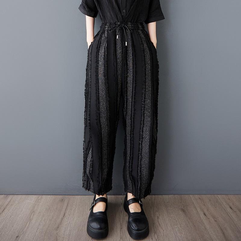 Plus Size Black Vintage Stripe Patchwork High Waist Casual Loose Summer Harem Pants Women Trousers