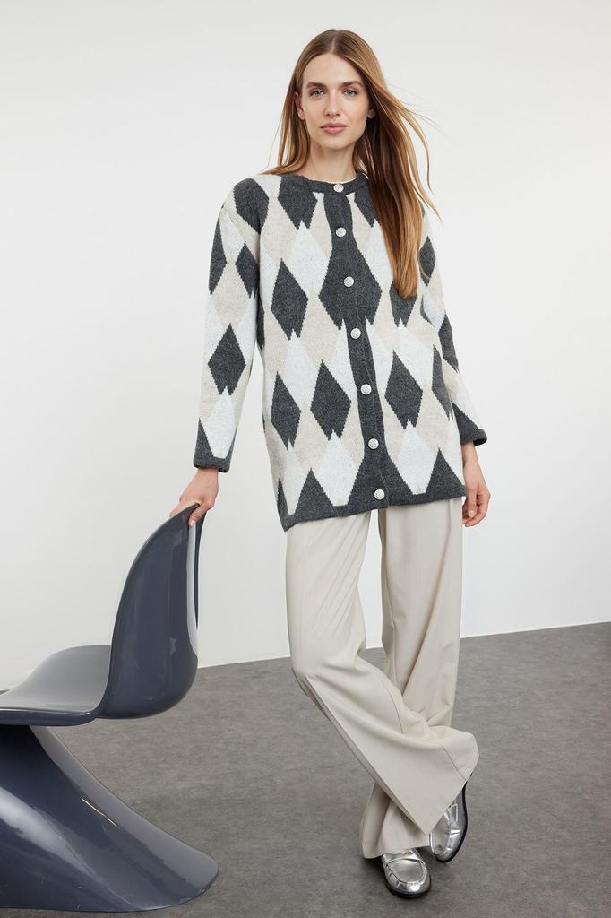 Women's Fashionable Stylish Hijab Cardigan Gray Diamond Patterned Knitwear Cardigan