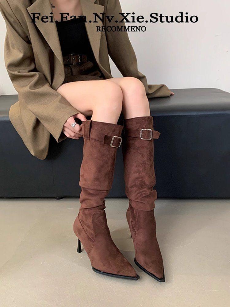 Boot Tip Autumn Temperament Sub New Small Man 2025 Stack Boots Thin Heel Boots Women's High Heel Suede Head