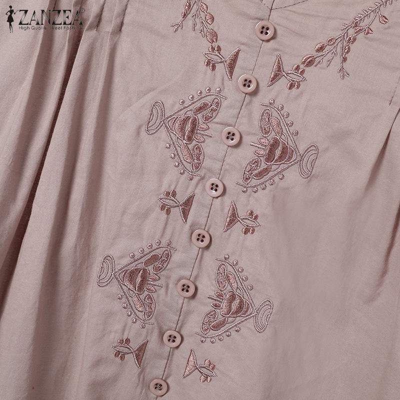 ZANZEA Women Casual V-Neck Half Sleeve Loose Embroidery Blouse