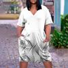 Women's Summer Plus Size V-neck Short Sleeve Print Knee Pocket Casual Dress