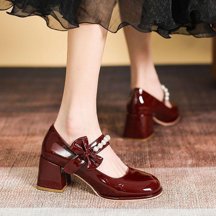 High Heels Versatile Mary Jane Women's Shoes 2025 New with Skirt Burgundy Gentle French Leather Shoes Spring and Autumn Single Shoes