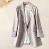 Women Suit Jacket Commuting Single Button Long Sleeve Flap Pockets Suit Coat Lapel Style Striped Cuffs
