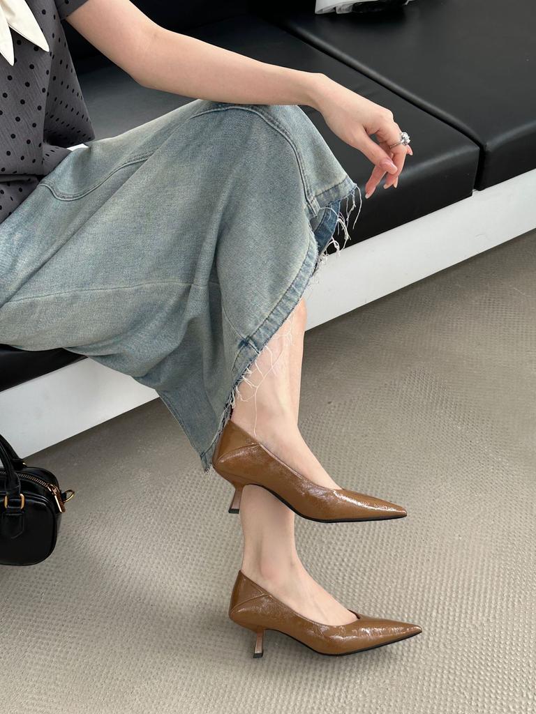 Shallow Single Shoes Women Wear High-end French Retro High Heels Versatile Soft Leather Pointed Women's Shoes Soft Soles Are Not Tired