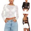 Women´s Summer Sheer Crop Tops Long Sleeve Open Back Lace Floral Slim Going Out Tops