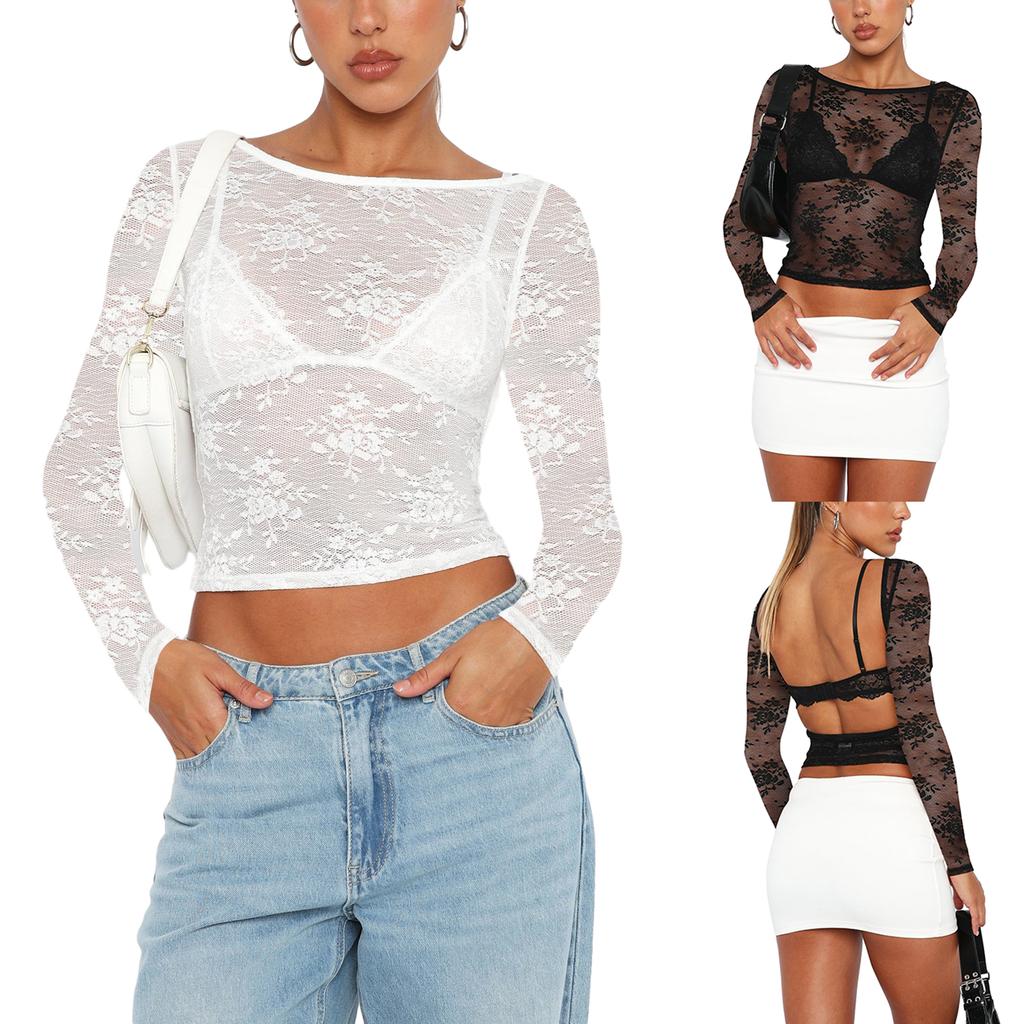 Women´s Summer Sheer Crop Tops Long Sleeve Open Back Lace Floral Slim Going Out Tops