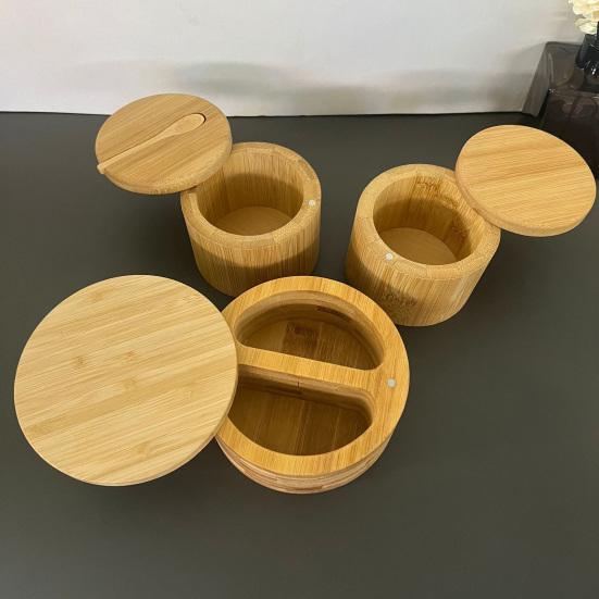 Bamboo Seasoning Storage Box with Magnetic Swivel Lid Wooden Salt Cellar Pepper Sugar Spice Holder Round Container Bowl Kitchen Gadgets