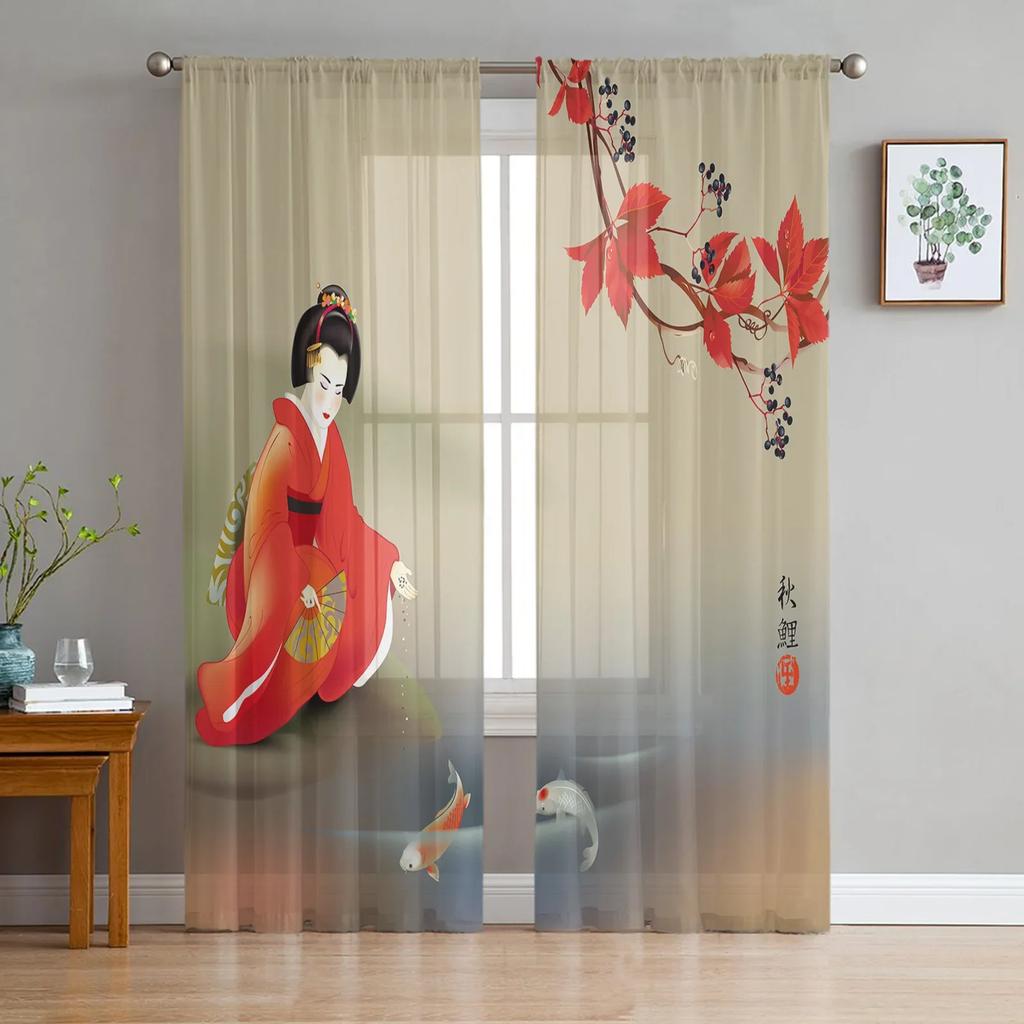 Bamboo Carp Chinese Ink Painting Tulle Curtains For Living Room Bedroom Kitchen Decoration Chiffon Sheer Voile Window Curtains
