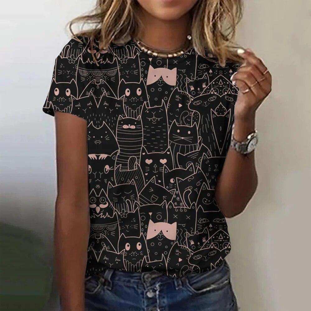 Summer Round Neck Cartoon Cat Pattern 3D Print Top Fashionable Casual Short Sleeved Women's T-shirts