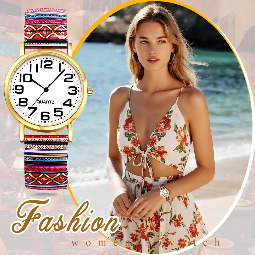 Bohemian Watch with Elastic Strap and Arabic One Size Fits Floral Waterproof Quartz Watch with Stretchable Stainless Steel Analog Colorful Ethnic