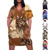 Women's Summer Plus Size V-neck Short Sleeve Print Knee Pocket Casual Dress