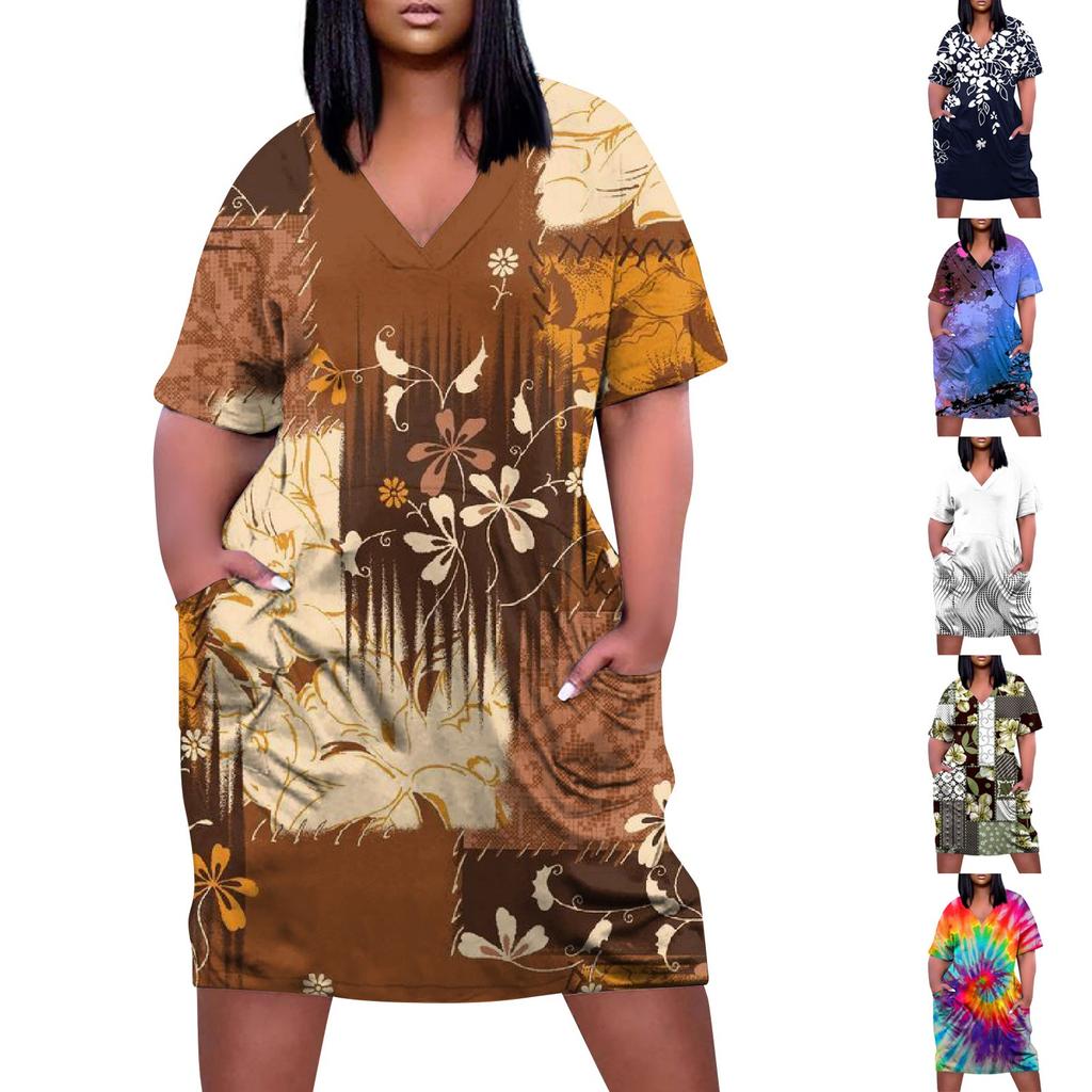 Women's Summer Plus Size V-neck Short Sleeve Print Knee Pocket Casual Dress