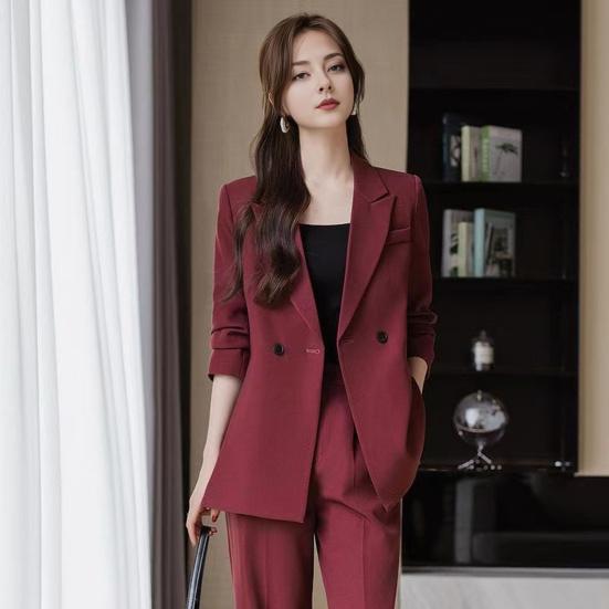 3 Pcs/Set Lady Formal Suit Coat Pants Set Turn-down Collar Button Decor Long Sleeves Jacket Loose Pure Color Trousers Casual Commuting Business Outfit