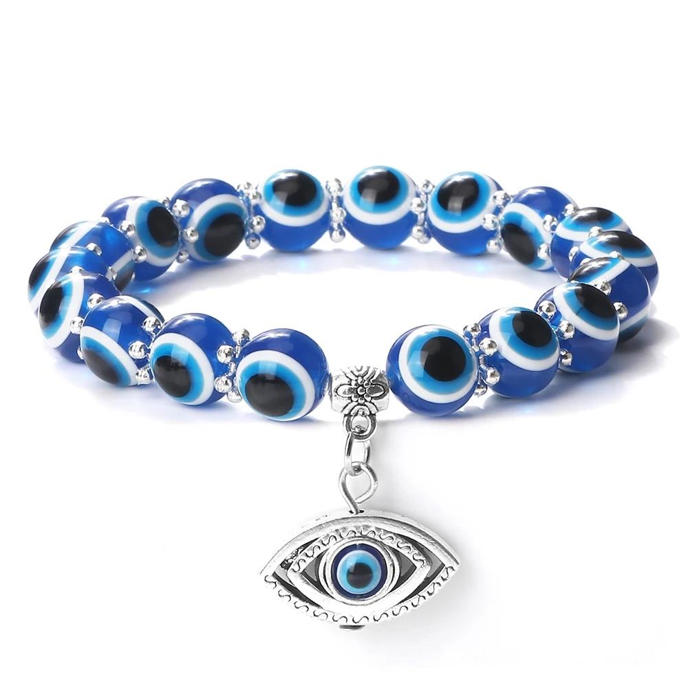 10mm Lucky Blue Evil Eye Bracelet Palm Butterfly Owl Elephant Pendant Charm Crystal Resin Beaded Bracelets for Women Men Jewelry