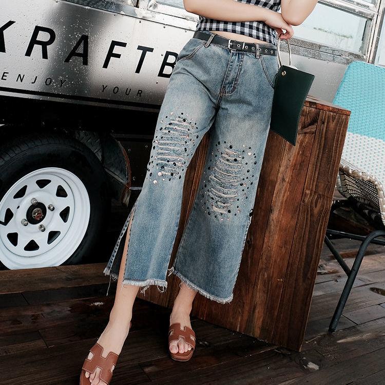 Women's Fashion Jeans with Ripped Holes and Loose Fit Wide Leg Pants