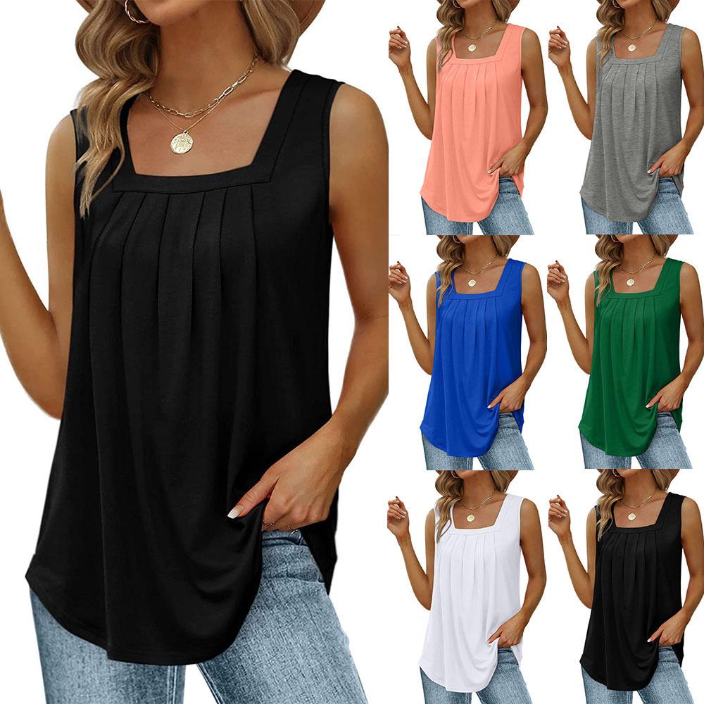 2024 Women's Sleeveless Square Collar Vest T-Shirt, Solid Color Swallowtail Suspenders Top