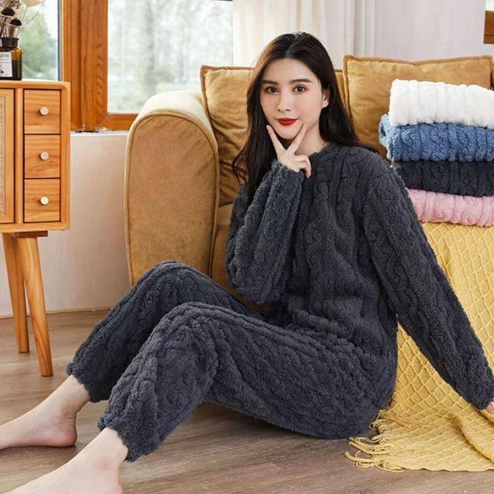 Autumn Women Solid Warm 2 Piece Sets Thicken Velvet Ribbed Fleece Set Pullover and Pants Women Casual Pajama Sets