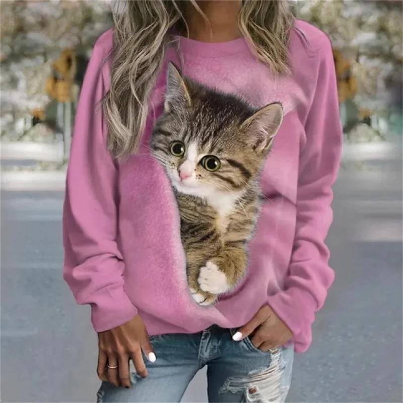 2023 Autumn New Women Round Neck Long Sleeve Fashion Casual Home High Quality Fabric Cute Cat Print Long Sleeve