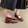 French Retro Square Head Light Mouth Single Shoes Women's Middle Heel Spring and Autumn Evening Temperament Fairy Thick Heel Mary Jane Small Leather S
