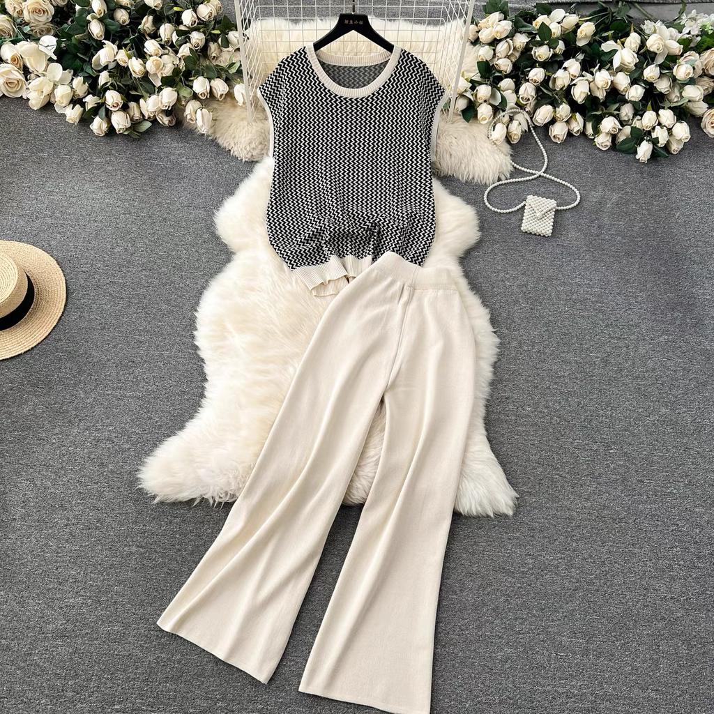Summer Women Knitted Sweater Tracksuit Sleeveless Striped Tank Vest Tops and Ankle Length Pant Two Piece Set