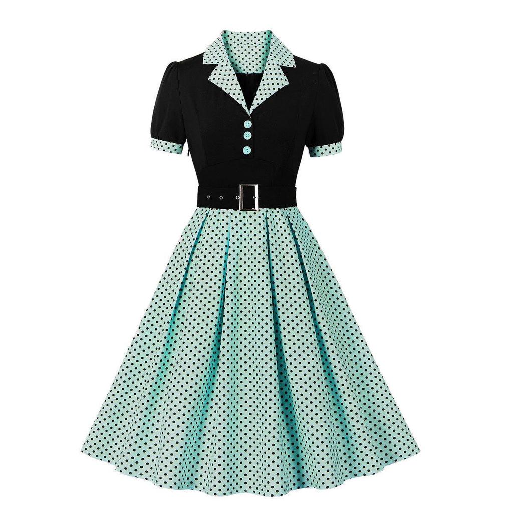 Women's Polka Dot Swing Dresses Lapel Buttons High Waist Belt Slim Fit Short Sleeves Summer Dress Office Work Casual Wear Vintage Outfit