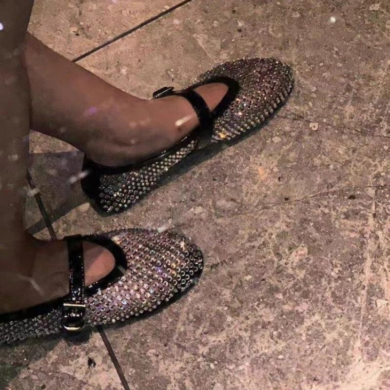 Fashion Women's Flat Sandals Blingbling Crystal Mesh Women's Ballet Flats Buckle Strap Mary Jane Shoes Size35-42