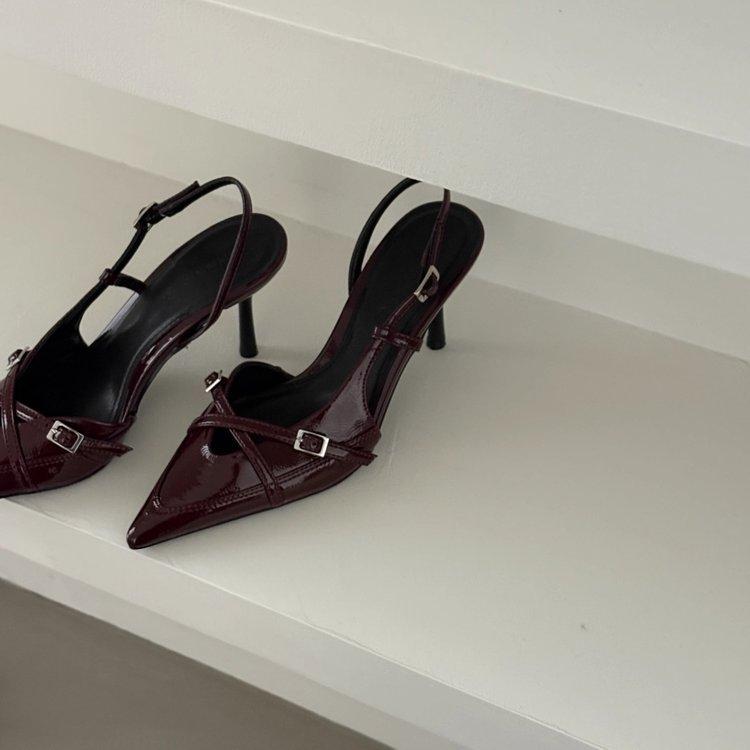 2025 Spring New Women's Shoes Crimson Cross-buckle Strap Pointed High-heeled Sandals British Style Mullers