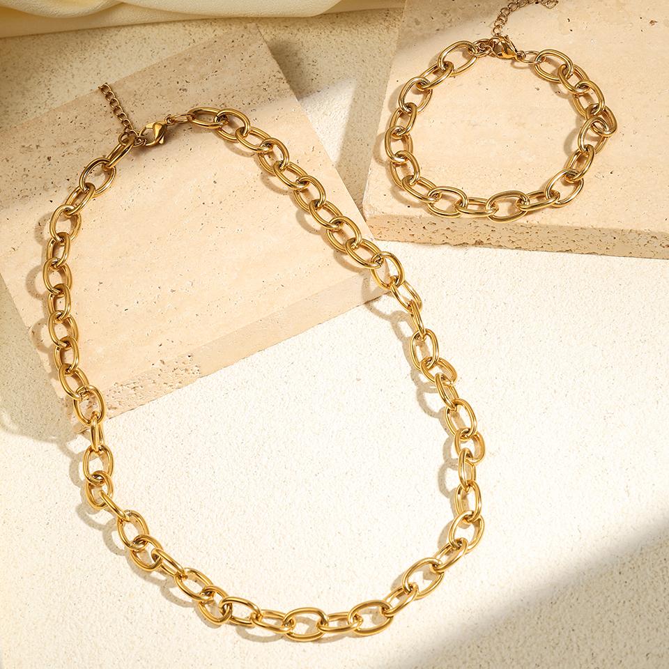Htpwe Stainless Steel Glossy Chain Bracelet Necklace Set For Women 18k Gold Couple Holiday Gift Set Party Daily Zircon