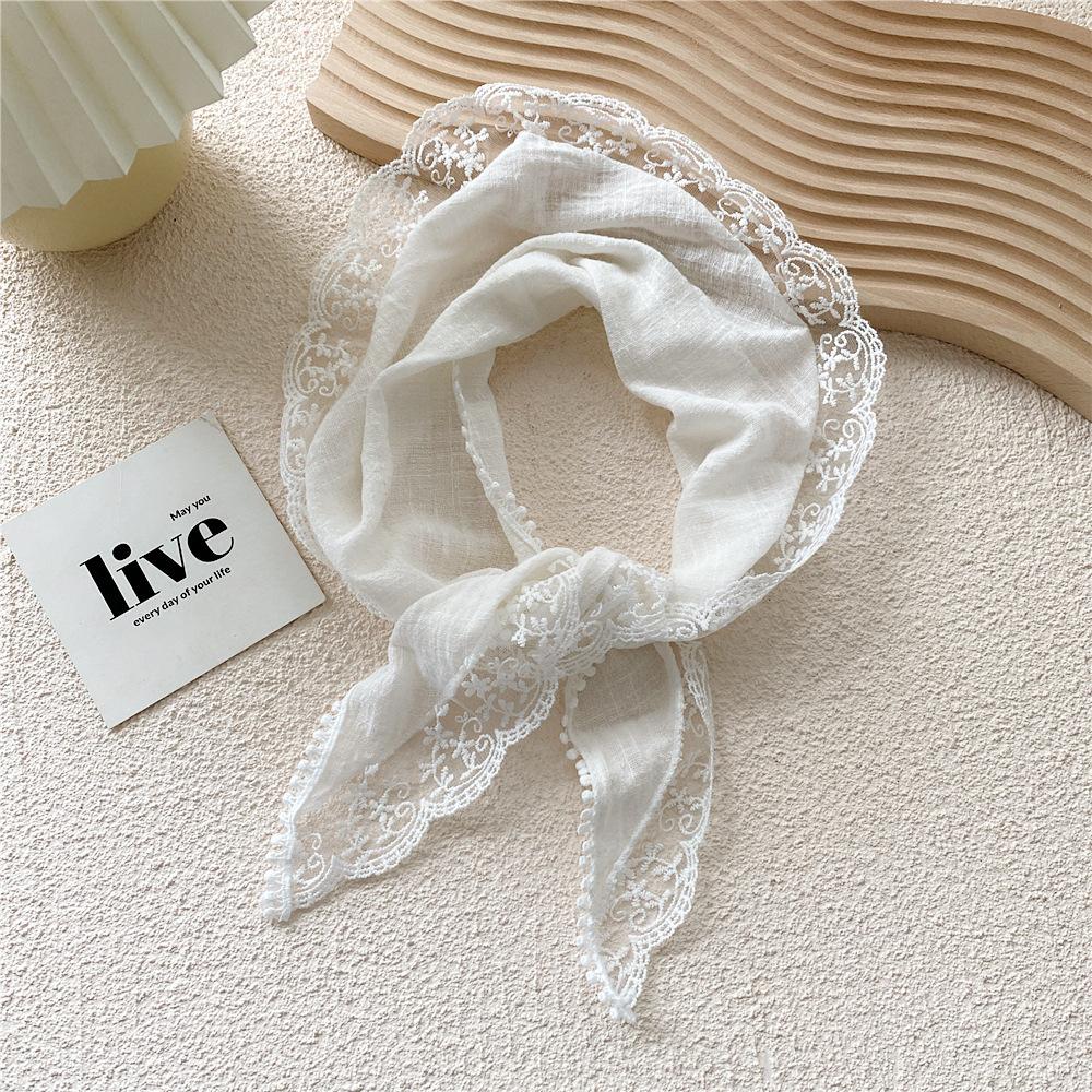 Cotton Linen Lace Triangular Scarf For Women In Spring Autumn And Summer Small Floral Small Scarf Headband Decoration Thin Style Wrapped Silk Scarf