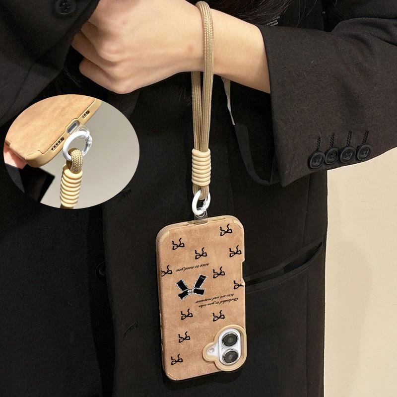 Black Bowknot Patterned Printed Leather Case + Lanyard Wrist Strap Protective Shell Soft Silicone Case for iPhone