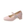 Fashion Red Mary Jane Women Pumps Thick High Heels Shoes Female Lolita Square Toe Shoes Fashion Party Leather Woman Shoes 2024 New