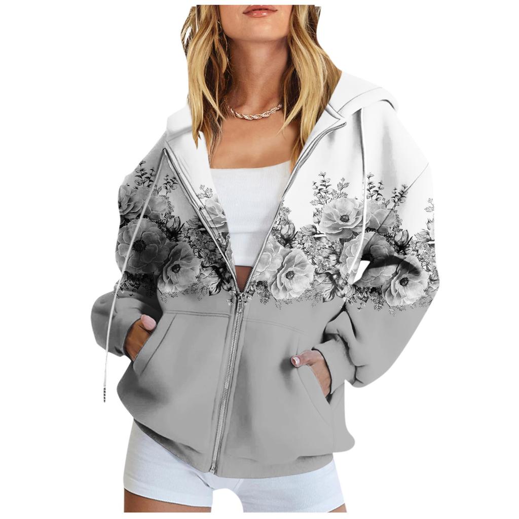 Women's Long Sleeve Printed Sweatshirt Long Sleeve Pocket Jacket Zipper Hoodie Coat Autumn