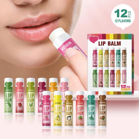 12Pcs/Box Deep Moisturizing Lip Balm 5g Long-Lasting Hydrates Nourishes Repair Lips Balm 12 Flavors Protects Heals Nourishing Lip Care
