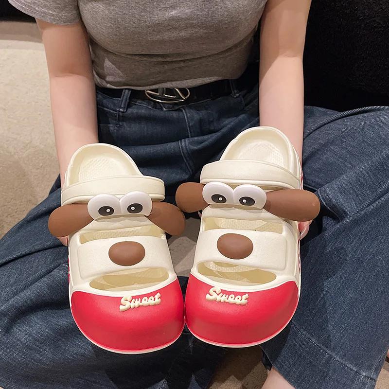 Fashion 2024 New Garden Shoes Female EVA Baotou Sandals Summer New Cute Big Eyes Dog Non Slip Slippers Outdoor Thick Sole Beach Shoes