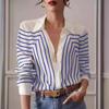 Women Casual Striped Print V-neck Shirt Spring Autumn Long Sleeve Shirt Office Fashion Thin Double Silk Blouse